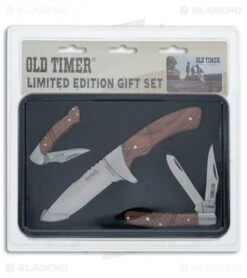 Schrade Old Timer 3-Piece Rosewood Knife Set W/Gift Tin 1130047 -Sharp Knife World Schrade OT 3 Piece Rosewood Gift Tin BHQ 116720 jr package