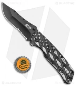 M&P American Patriot Folder Knife Black US Flag/Barbed Wire (3.25" Black Serr) -Sharp Knife World Smith and Wesson MP American Patriot Folder in Tin BHQ 123480 jr bottlecap